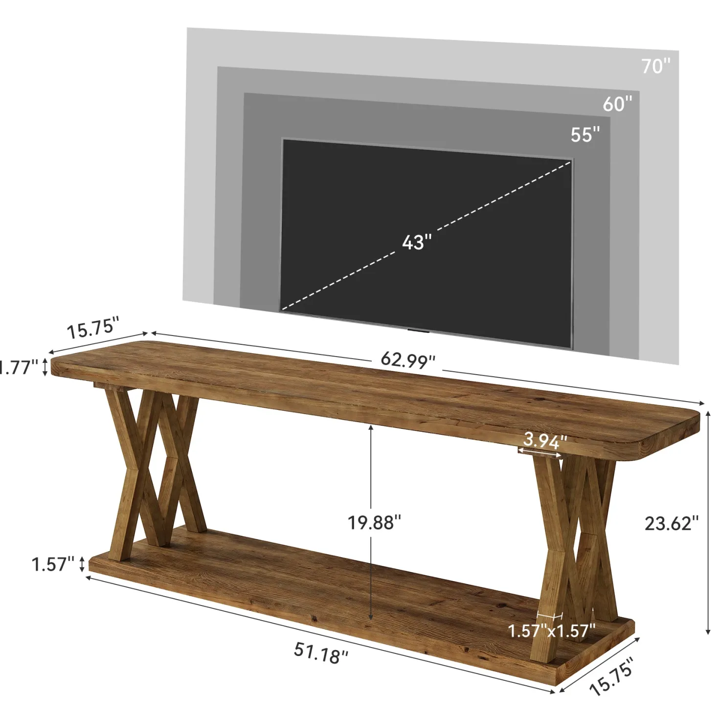 63" Solid Wood TV Stand, Farmhouse Entertainment Center for TVs Up to 75-Inch