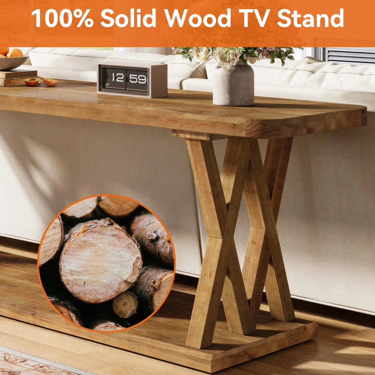 63" Solid Wood TV Stand, Farmhouse Entertainment Center for TVs Up to 75-Inch