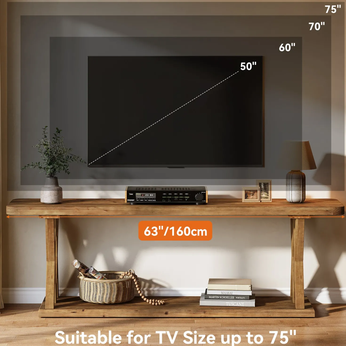 63" Solid Wood TV Stand, Farmhouse Entertainment Center for TVs Up to 75-Inch