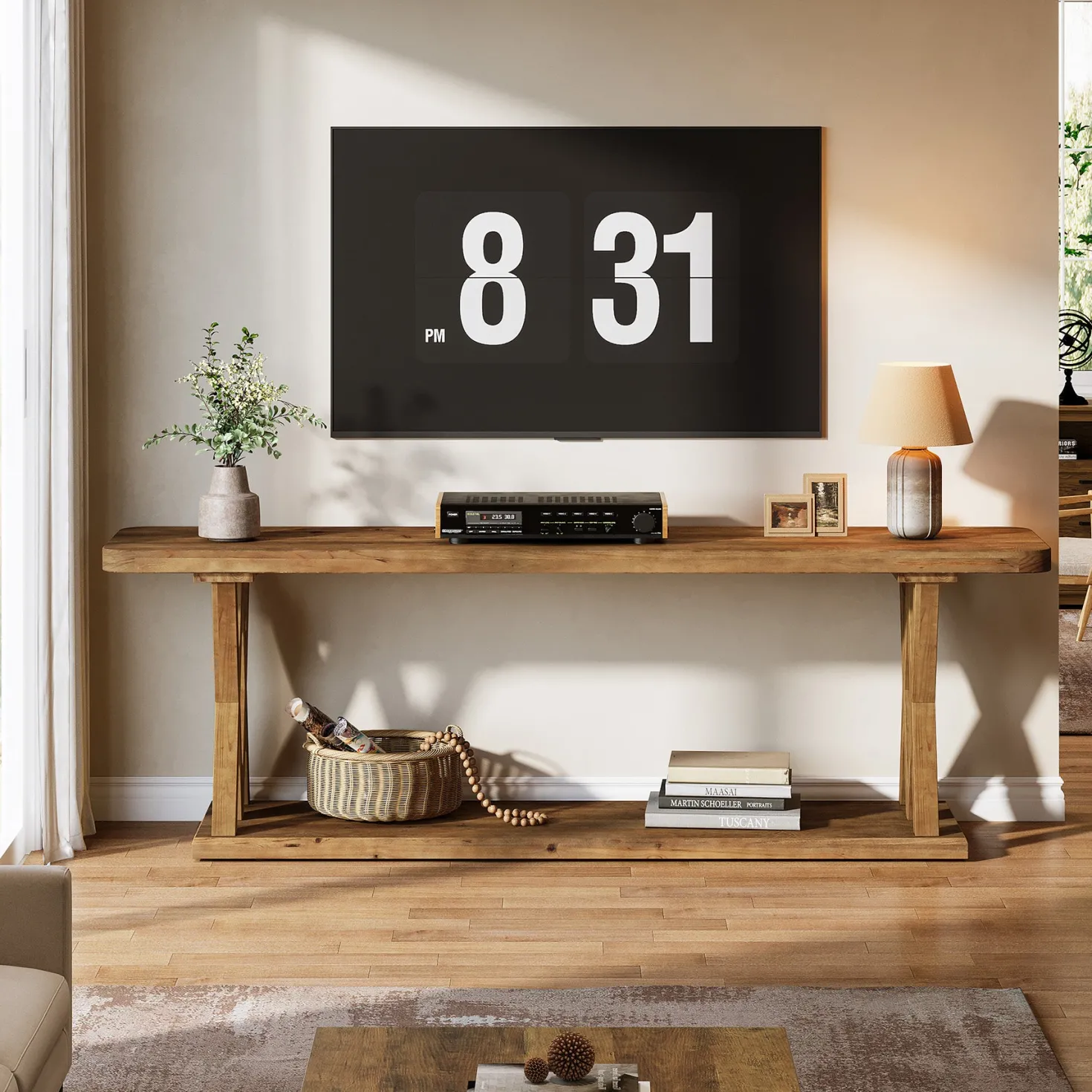 63" Solid Wood TV Stand, Farmhouse Entertainment Center for TVs Up to 75-Inch