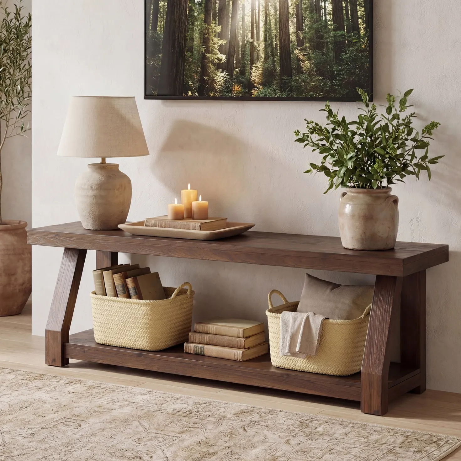 63" Solid Wood TV Stand for 65-75" TVs, Farmhouse Media Console with Open Shelf, Rustic Entertainment Center for Living Room