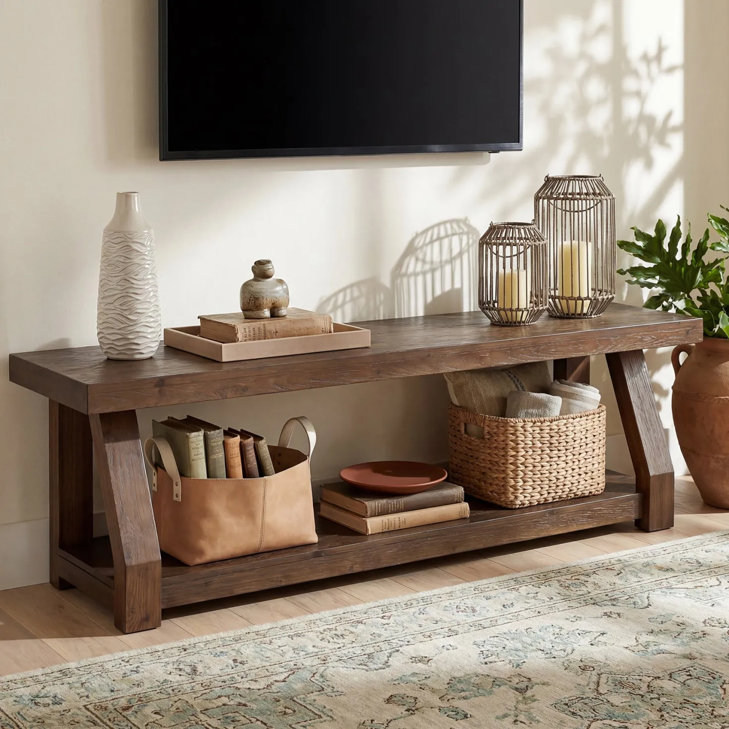 63" Solid Wood TV Stand for 65-75" TVs, Farmhouse Media Console with Open Shelf, Rustic Entertainment Center for Living Room