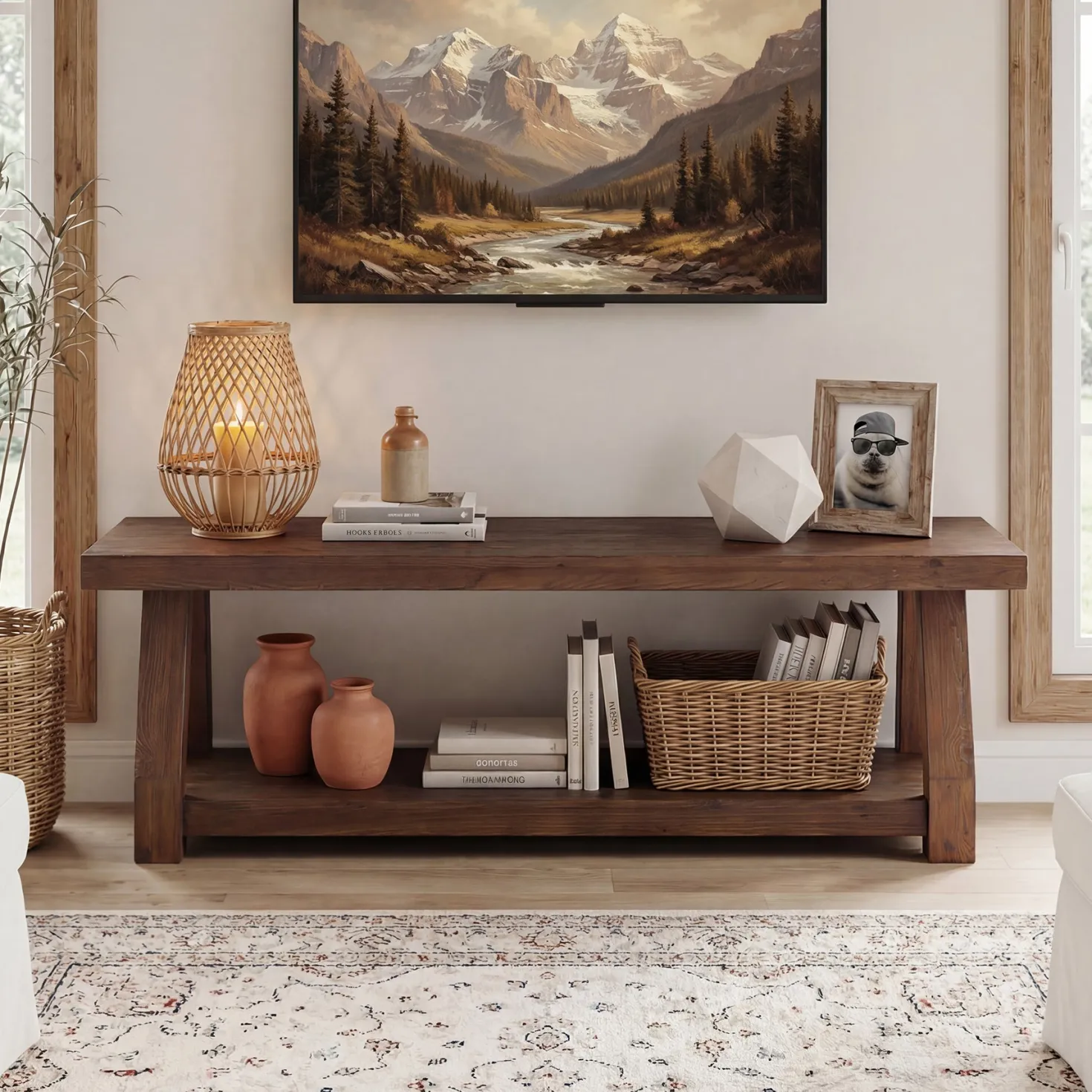 63" Solid Wood TV Stand for 65-75" TVs, Farmhouse Media Console with Open Shelf, Rustic Entertainment Center for Living Room