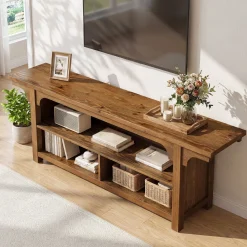 63" Solid Wood TV Stand for 55/65/70"TVs, Farmhouse Entertainment Center with 3 Storage