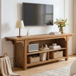 63" Solid Wood TV Stand for 55/65/70"TVs, Farmhouse Entertainment Center with 3 Storage