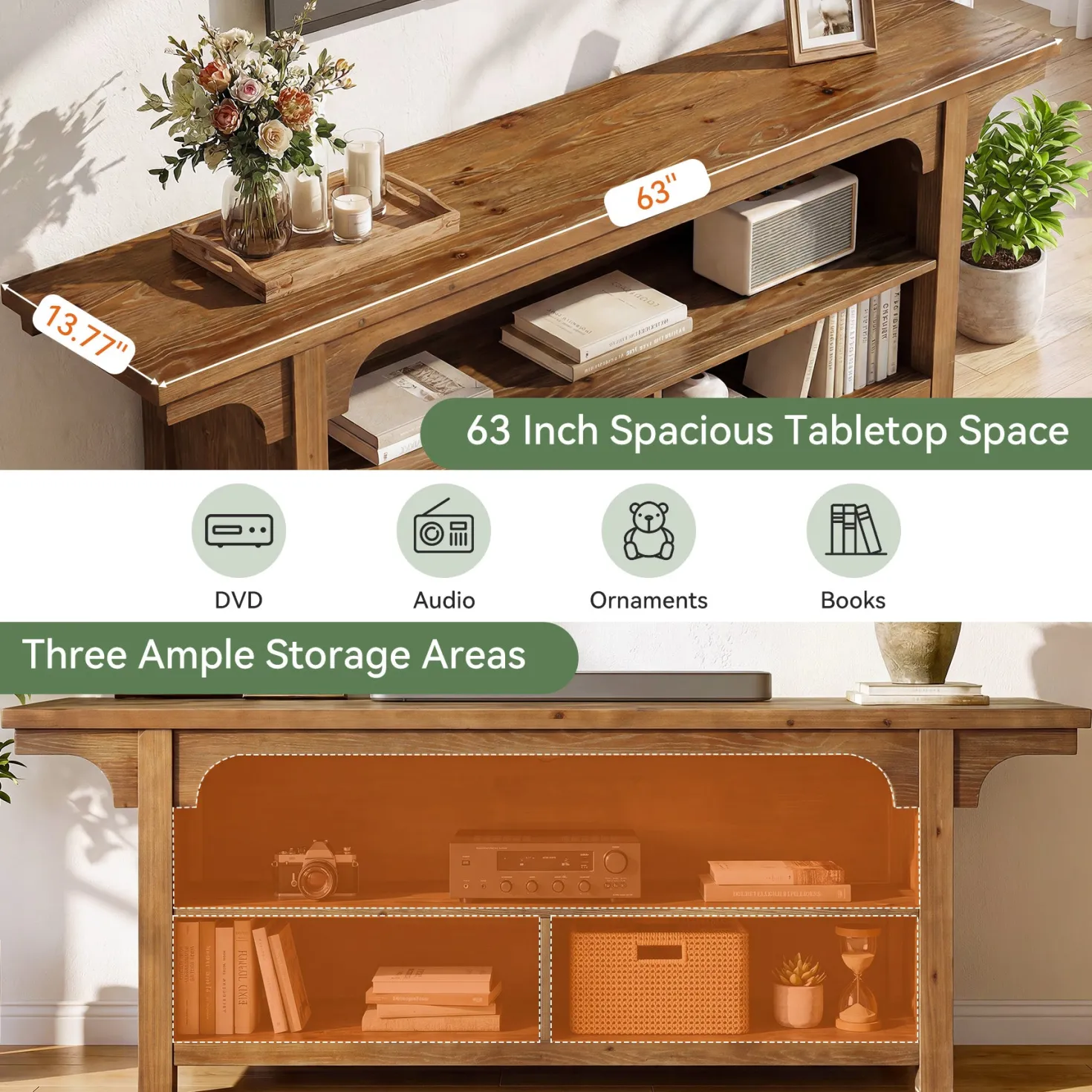 63" Solid Wood TV Stand for 55/65/70"TVs, Farmhouse Entertainment Center with 3 Storage