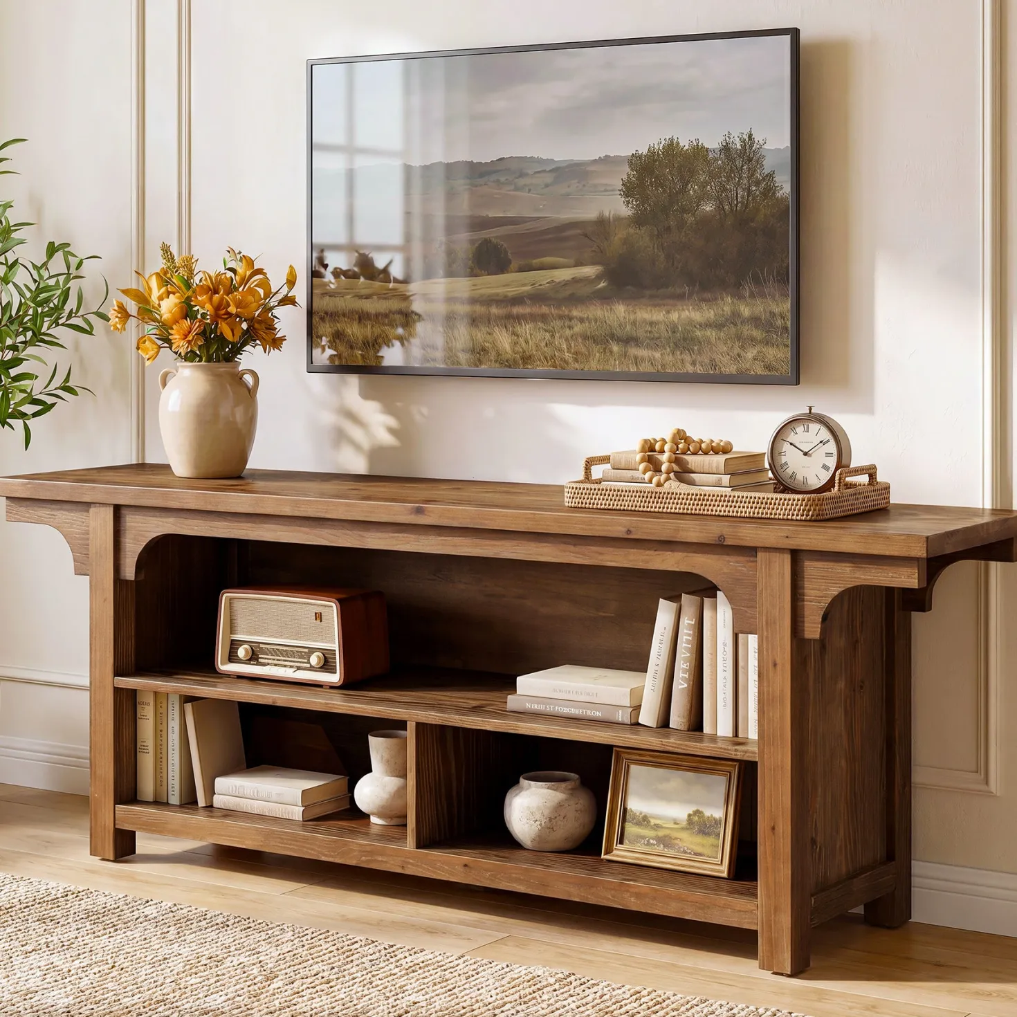 63" Solid Wood TV Stand for 55/65/70"TVs, Farmhouse Entertainment Center with 3 Storage
