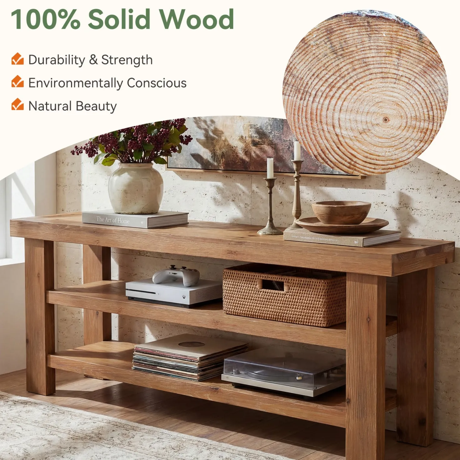 63" Solid Wood TV Stand for 55–75 Inch TVs, Farmhouse Entertainment Center with 2-Tier Open Shelves