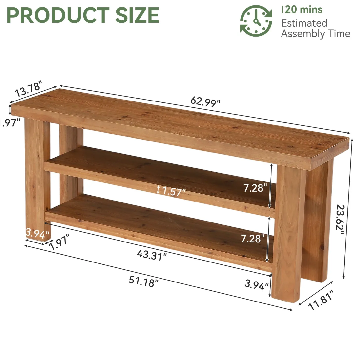 63" Solid Wood TV Stand for 55–75 Inch TVs, Farmhouse Entertainment Center with 2-Tier Open Shelves