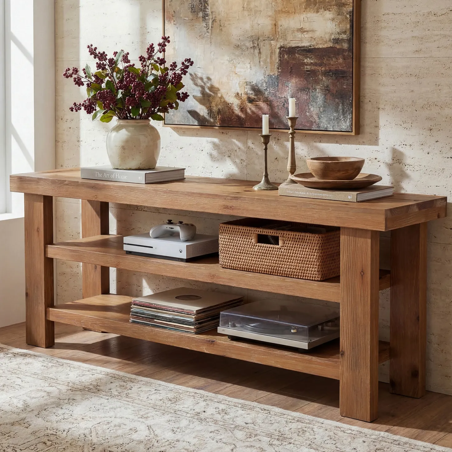 63" Solid Wood TV Stand for 55–75 Inch TVs, Farmhouse Entertainment Center with 2-Tier Open Shelves