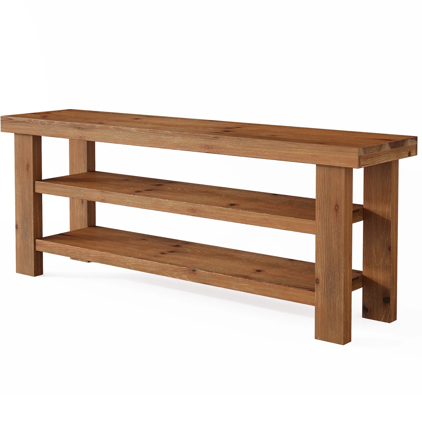 63" Solid Wood TV Stand for 55–75 Inch TVs, Farmhouse Entertainment Center with 2-Tier Open Shelves