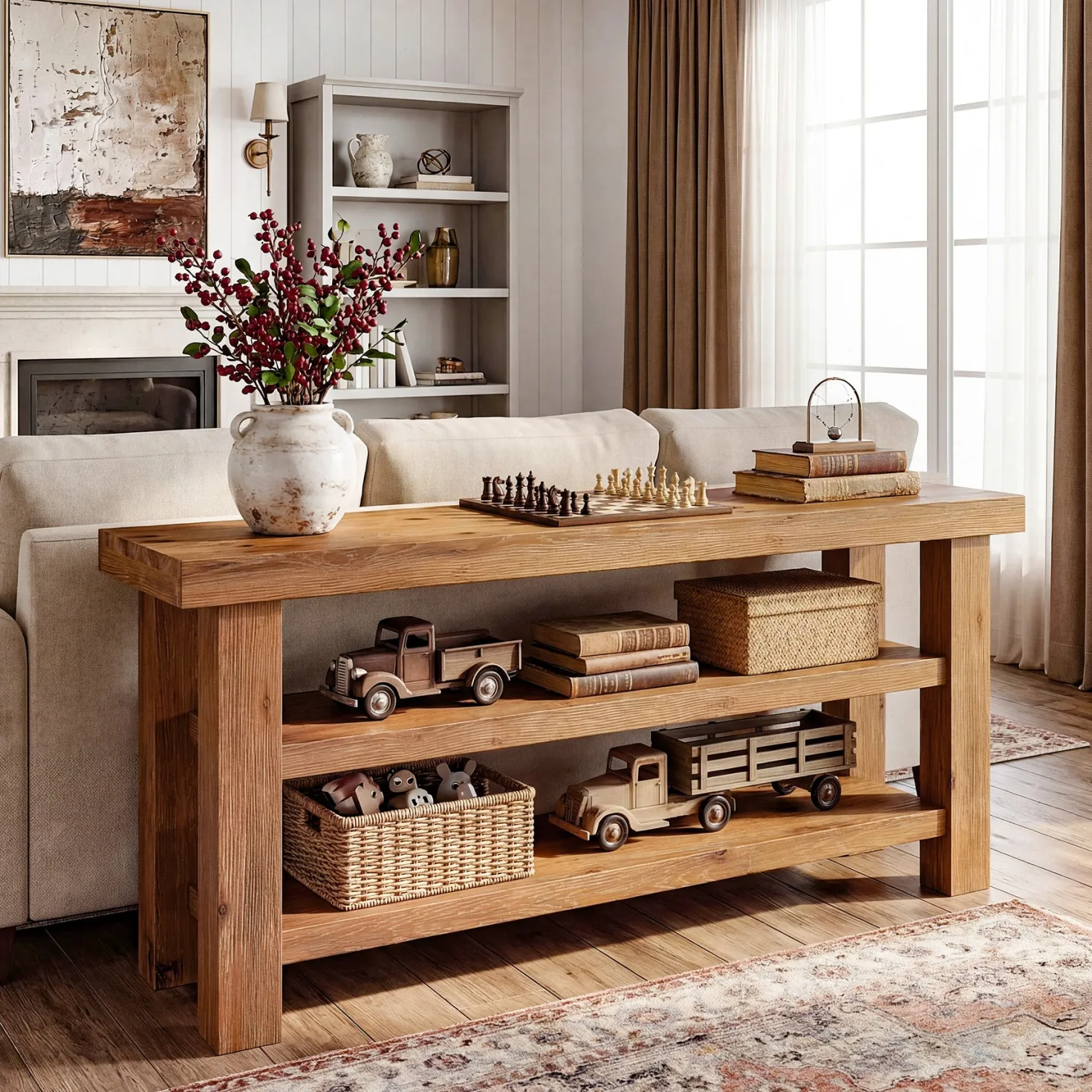 63" Solid Wood TV Stand for 55–75 Inch TVs, Farmhouse Entertainment Center with 2-Tier Open Shelves