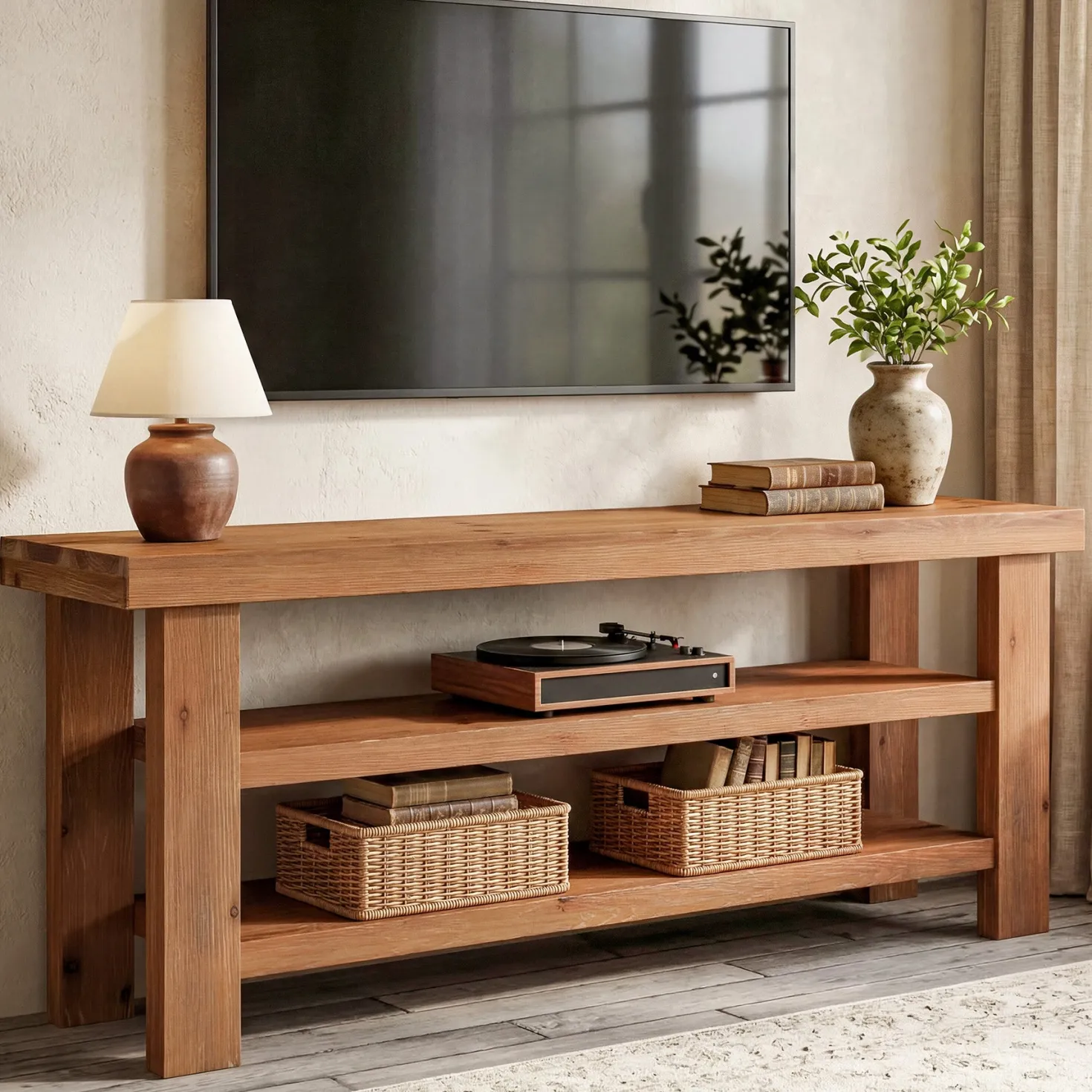 63" Solid Wood TV Stand for 55–75 Inch TVs, Farmhouse Entertainment Center with 2-Tier Open Shelves