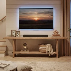 71" Solid Wood TV Stand for 55–85 Inch TVs, Farmhouse Media Console with Storage Shelf, Wooden Entertainment Center