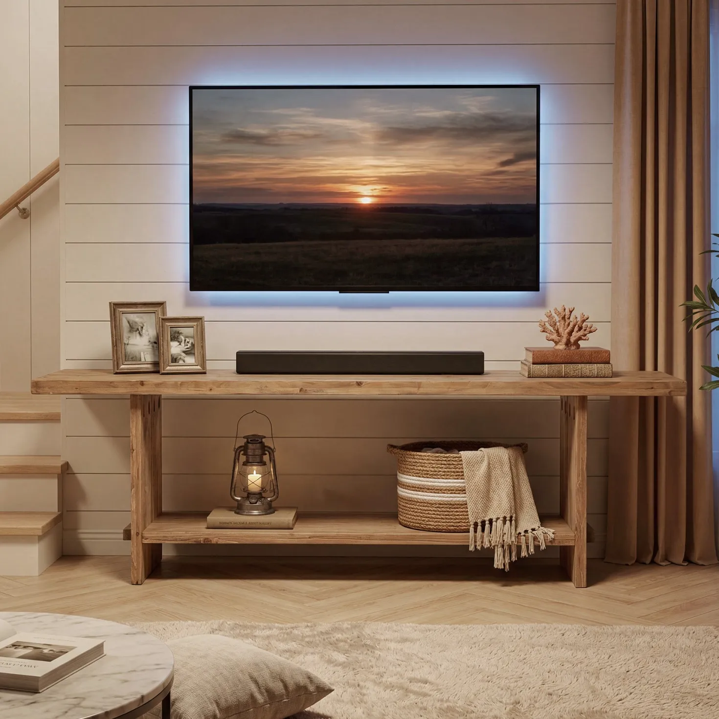 71" Solid Wood TV Stand for 55–85 Inch TVs, Farmhouse Media Console with Storage Shelf, Wooden Entertainment Center