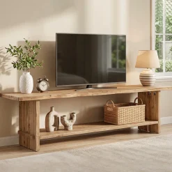 71" Solid Wood TV Stand for 55–85 Inch TVs, Farmhouse Media Console with Storage Shelf, Wooden Entertainment Center