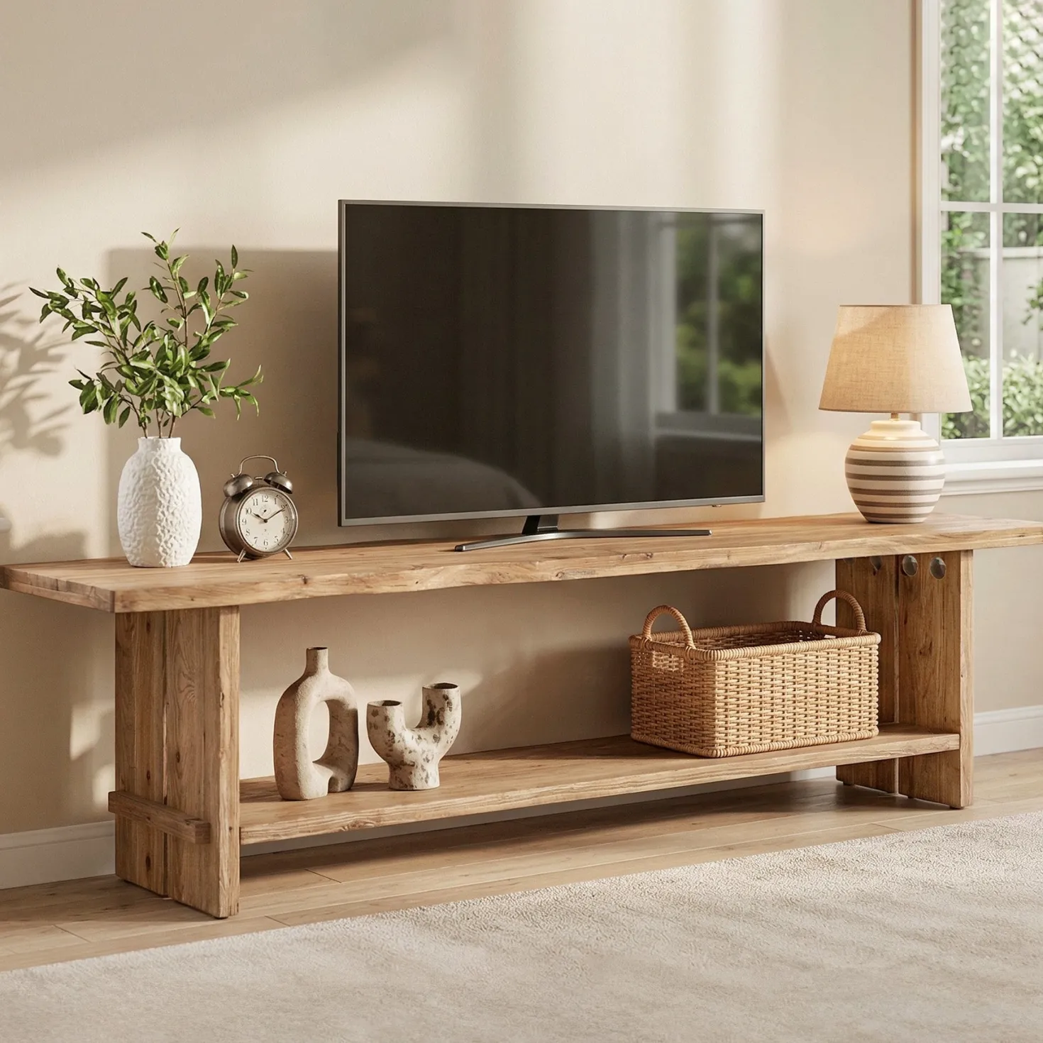 71" Solid Wood TV Stand for 55–85 Inch TVs, Farmhouse Media Console with Storage Shelf, Wooden Entertainment Center