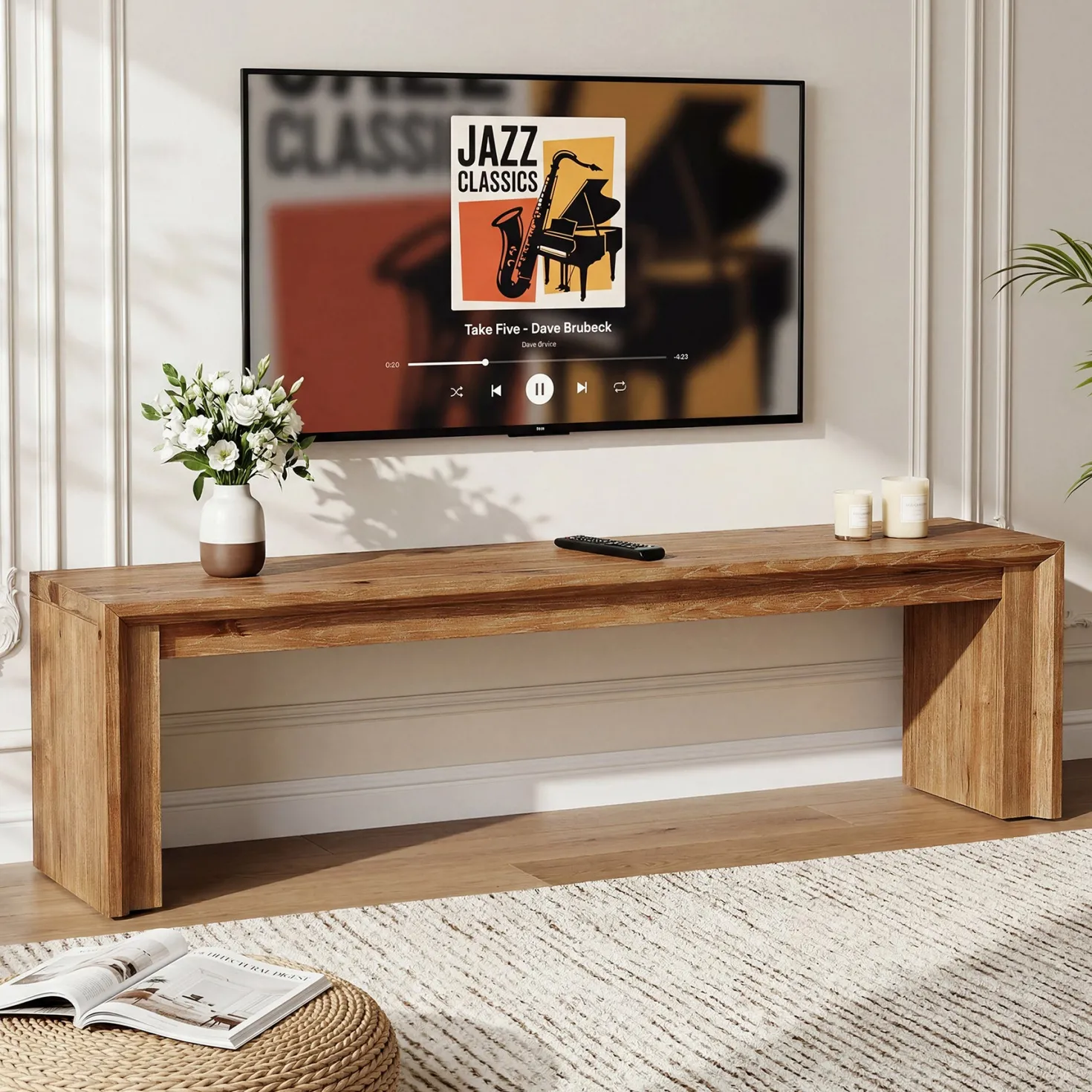 63" Solid Wood TV Stand for 65" TV, Farmhouse Entertainment Center Low Media Console