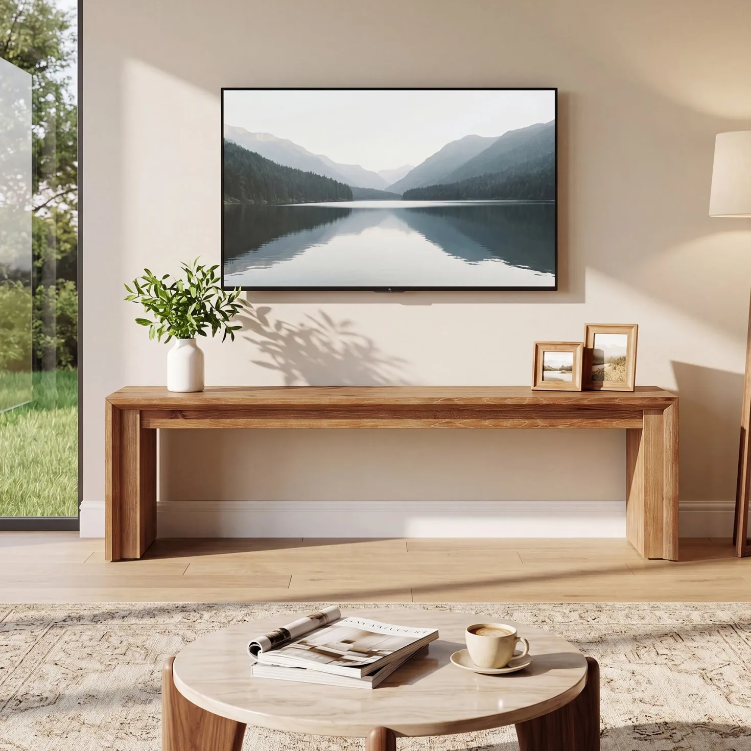 63" Solid Wood TV Stand for 65" TV, Farmhouse Entertainment Center Low Media Console