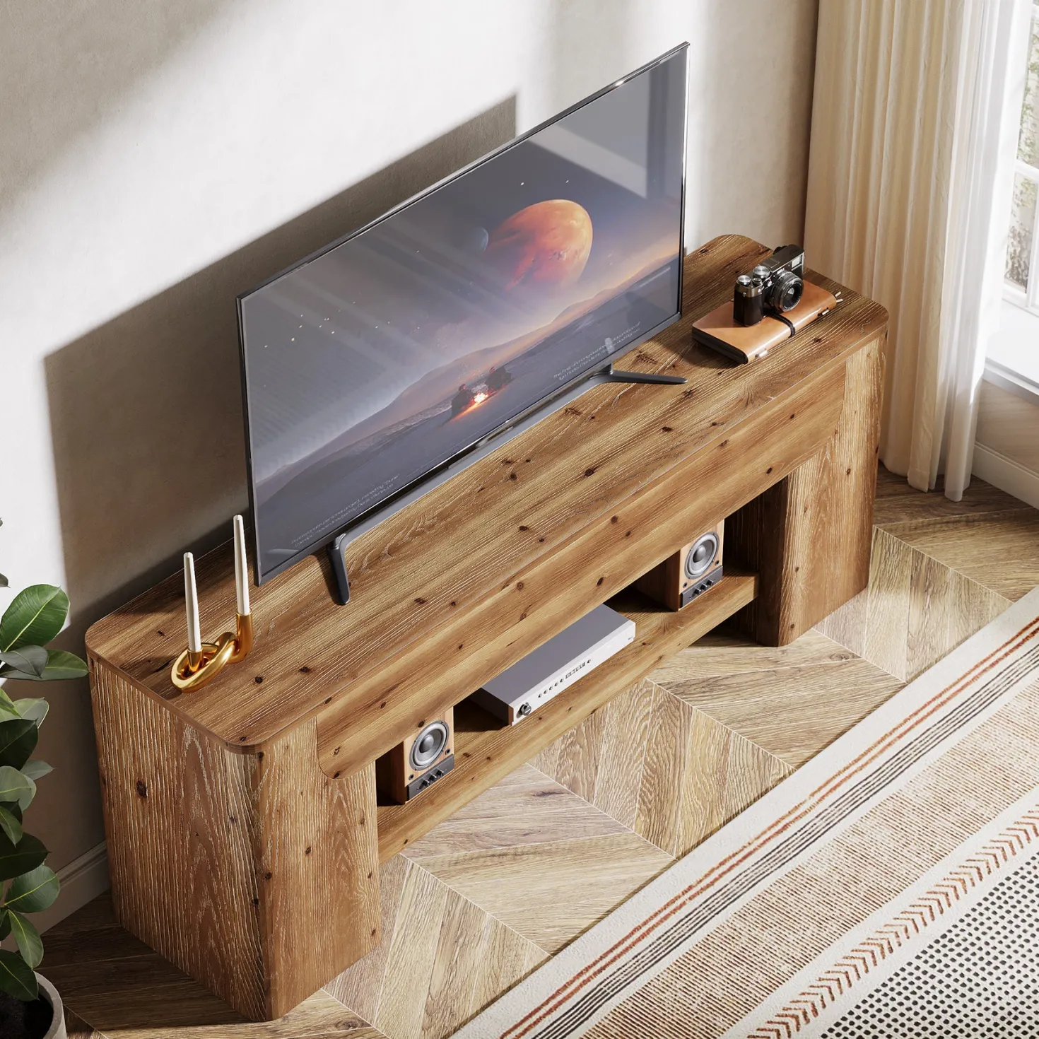 63" Solid Wood TV Stand for Up to 75" TVs, Farmhouse Entertainment Center with Open Shelf Storage for Living Room or Bedroom