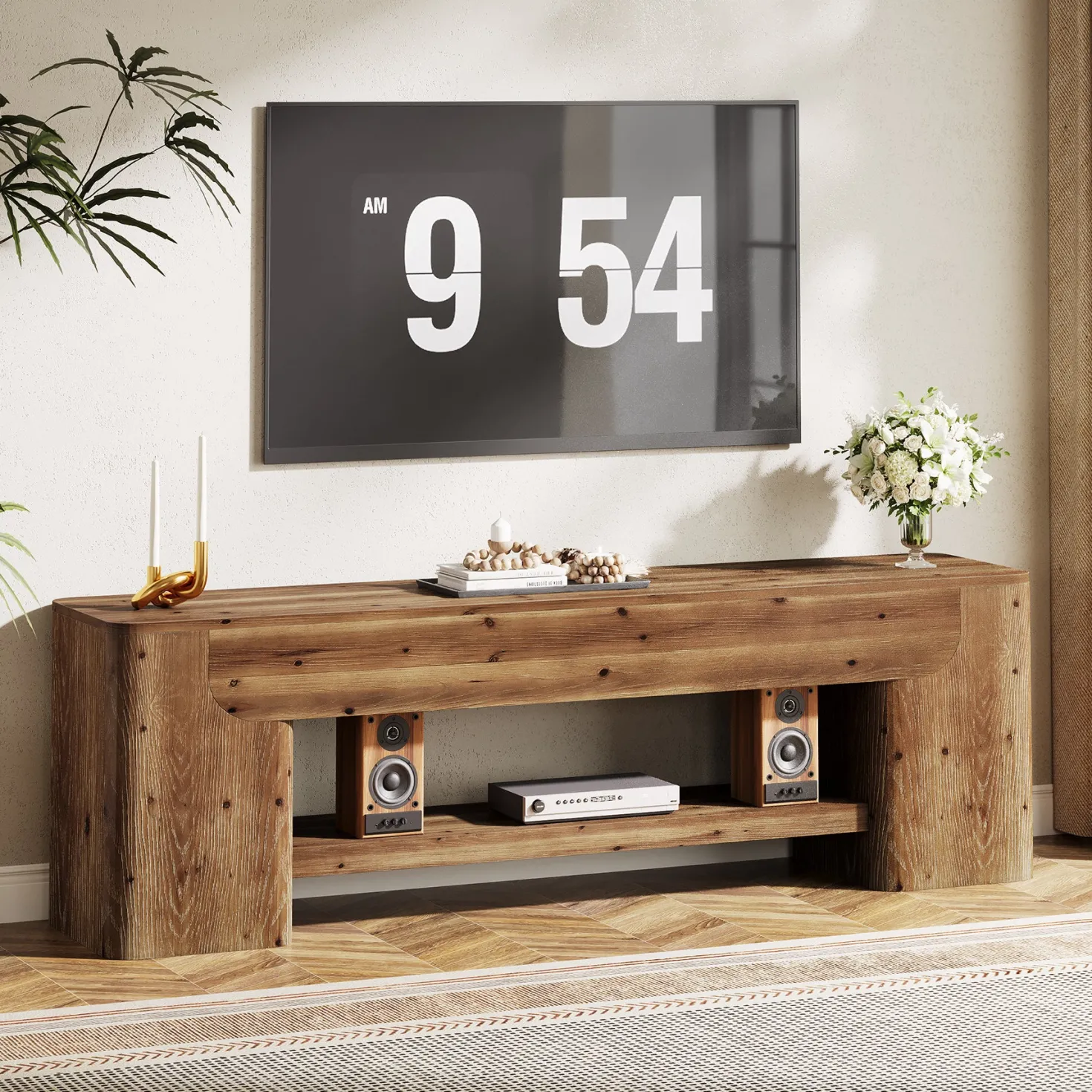 63" Solid Wood TV Stand for Up to 75" TVs, Farmhouse Entertainment Center with Open Shelf Storage for Living Room or Bedroom
