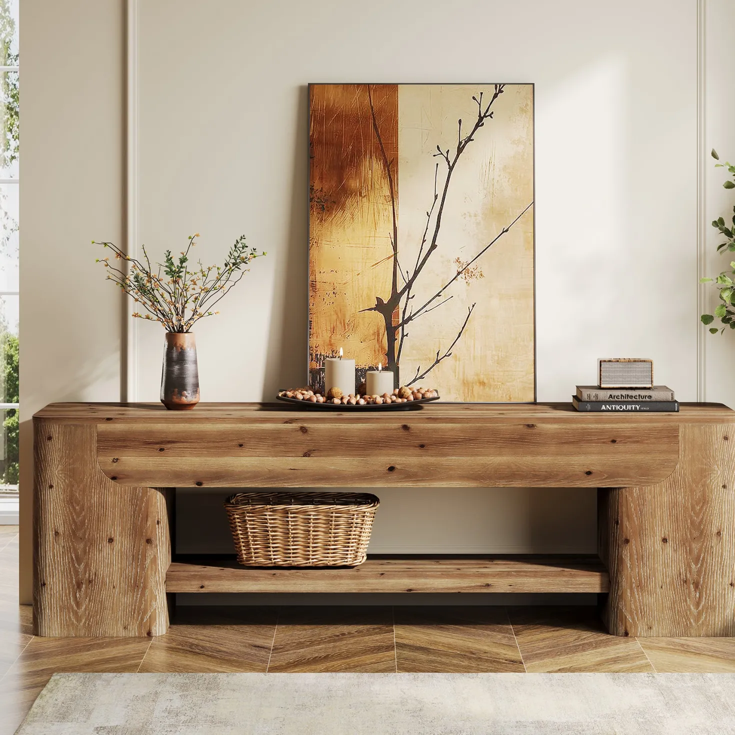 63" Solid Wood TV Stand for Up to 75" TVs, Farmhouse Entertainment Center with Open Shelf Storage for Living Room or Bedroom