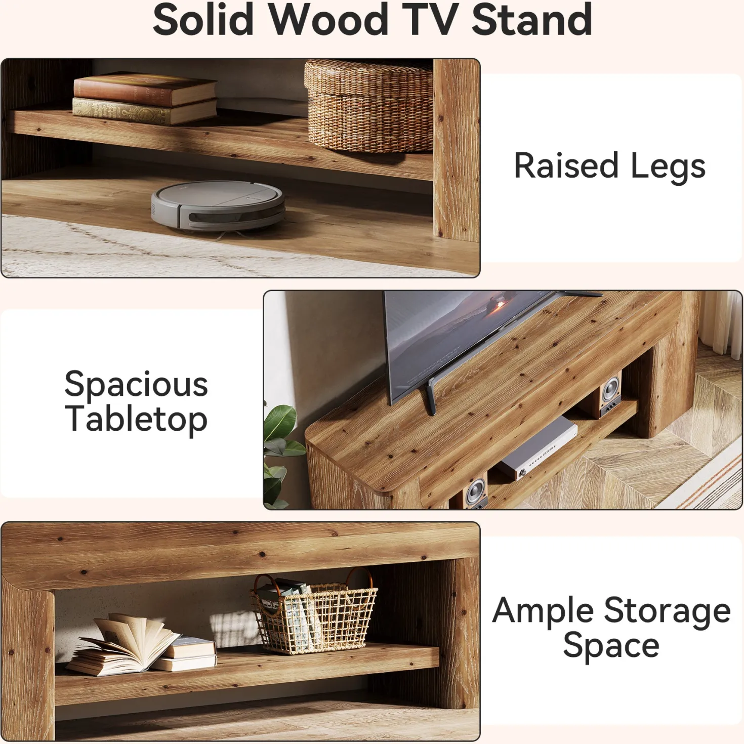63" Solid Wood TV Stand for Up to 75" TVs, Farmhouse Entertainment Center with Open Shelf Storage for Living Room or Bedroom