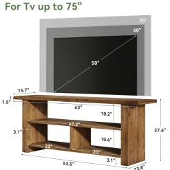 63" Solid Wood TV Stand for Up to 75 Inch TVs, Farmhouse Media Console with Open Storage Shelves