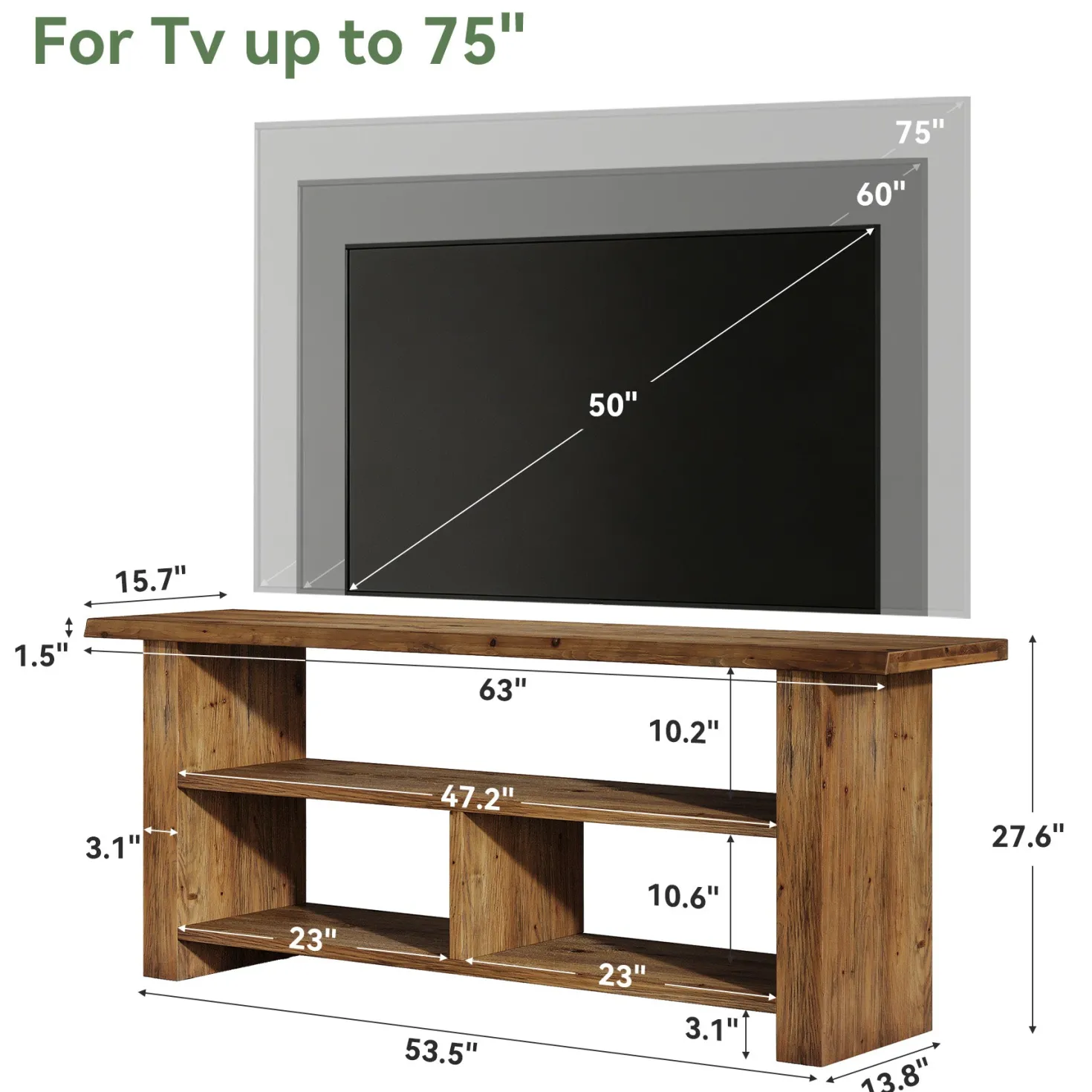 63" Solid Wood TV Stand for Up to 75 Inch TVs, Farmhouse Media Console with Open Storage Shelves