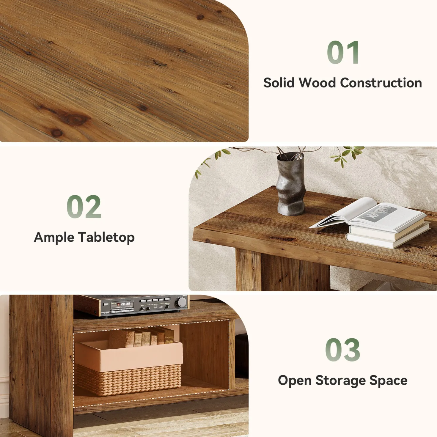 63" Solid Wood TV Stand for Up to 75 Inch TVs, Farmhouse Media Console with Open Storage Shelves