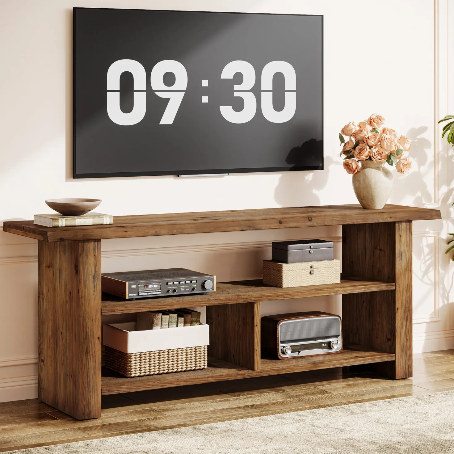 63" Solid Wood TV Stand for Up to 75 Inch TVs, Farmhouse Media Console with Open Storage Shelves