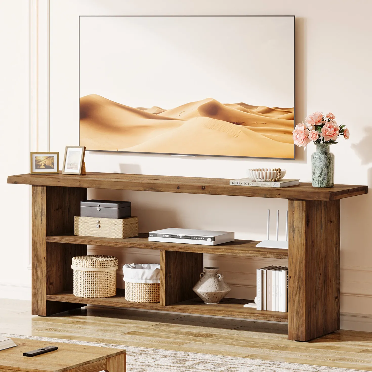 63" Solid Wood TV Stand for Up to 75 Inch TVs, Farmhouse Media Console with Open Storage Shelves