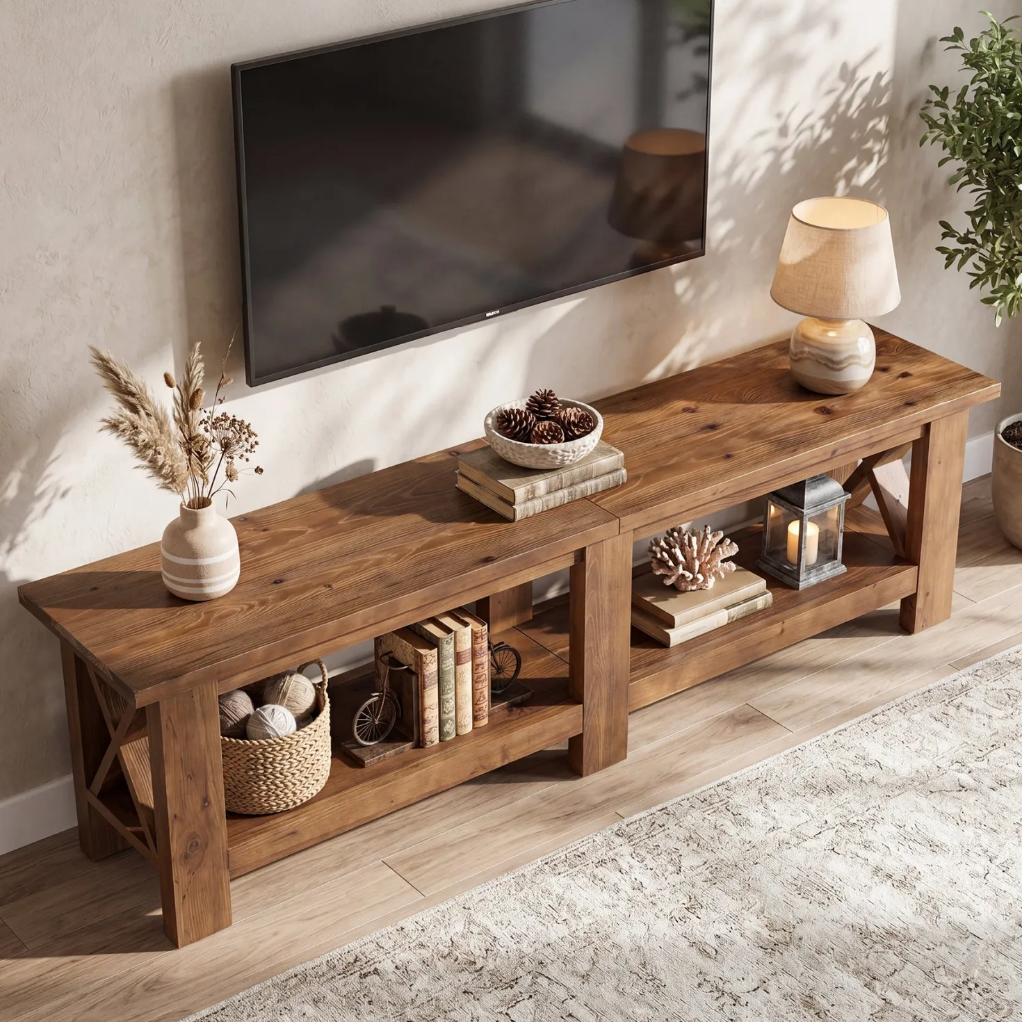 70.87" Solid Wood TV Stand for TVs up to 80", Farmhouse Entertainment Center with Storage Shelves