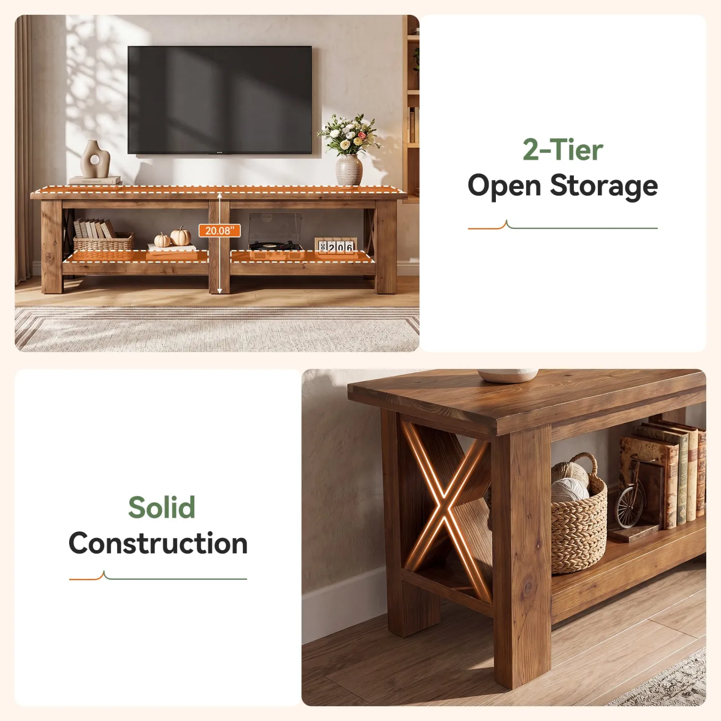 70.87" Solid Wood TV Stand for TVs up to 80", Farmhouse Entertainment Center with Storage Shelves