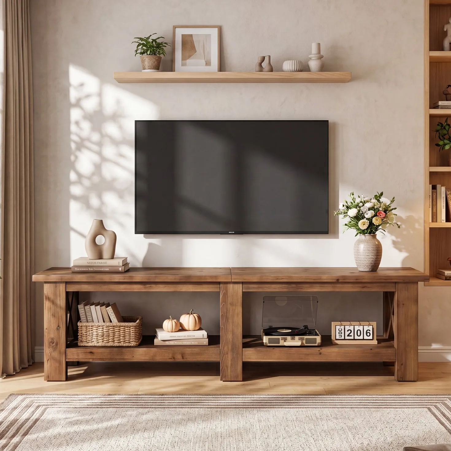 70.87" Solid Wood TV Stand for TVs up to 80", Farmhouse Entertainment Center with Storage Shelves