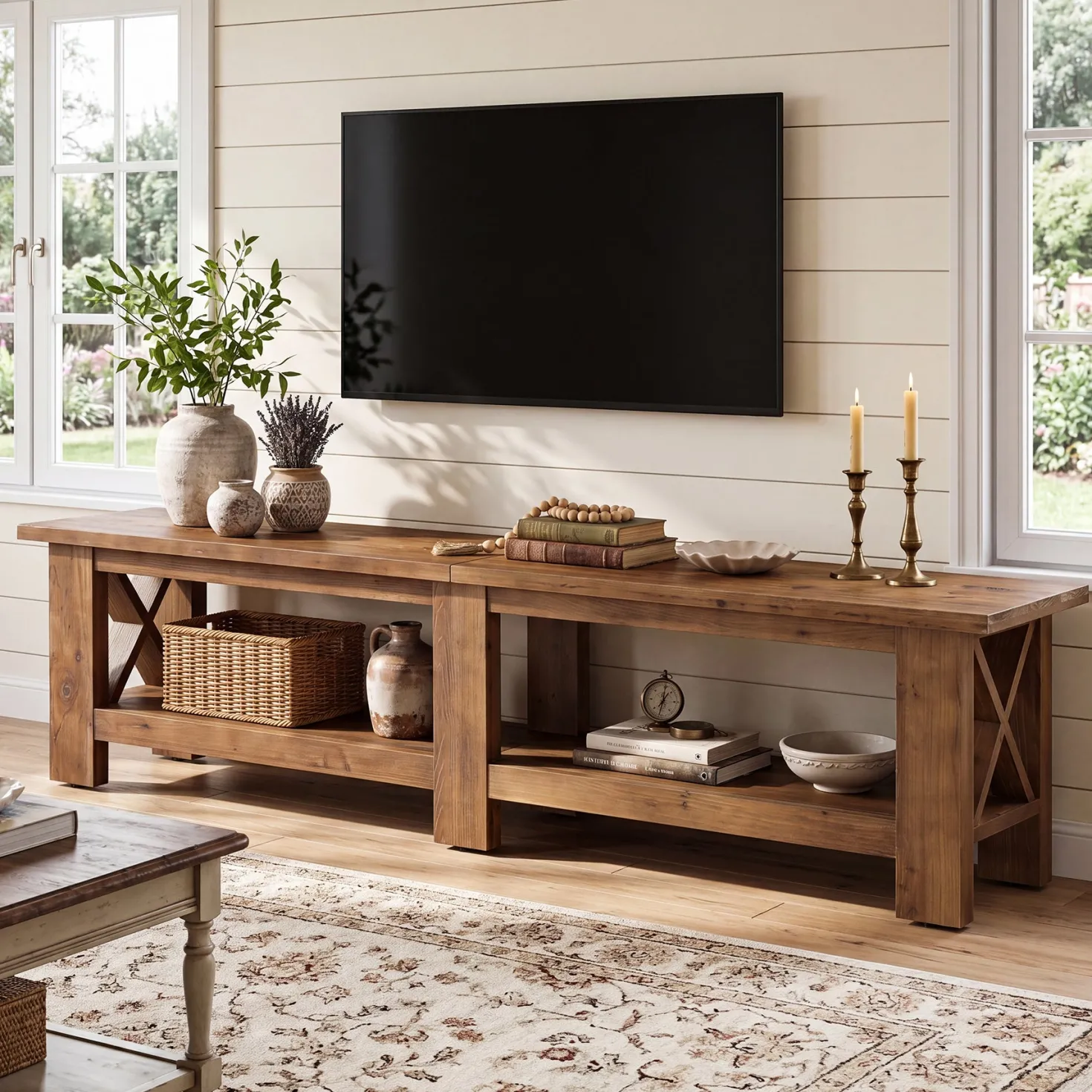 70.87" Solid Wood TV Stand for TVs up to 80", Farmhouse Entertainment Center with Storage Shelves
