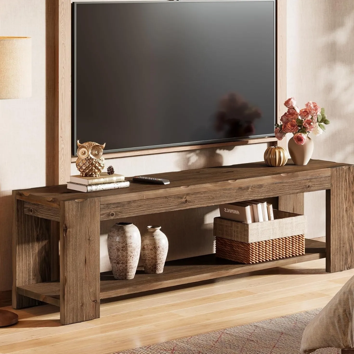 55" Solid Wood TV Stand, 2-Tier TV Console Media Stand for TVs up to 60"