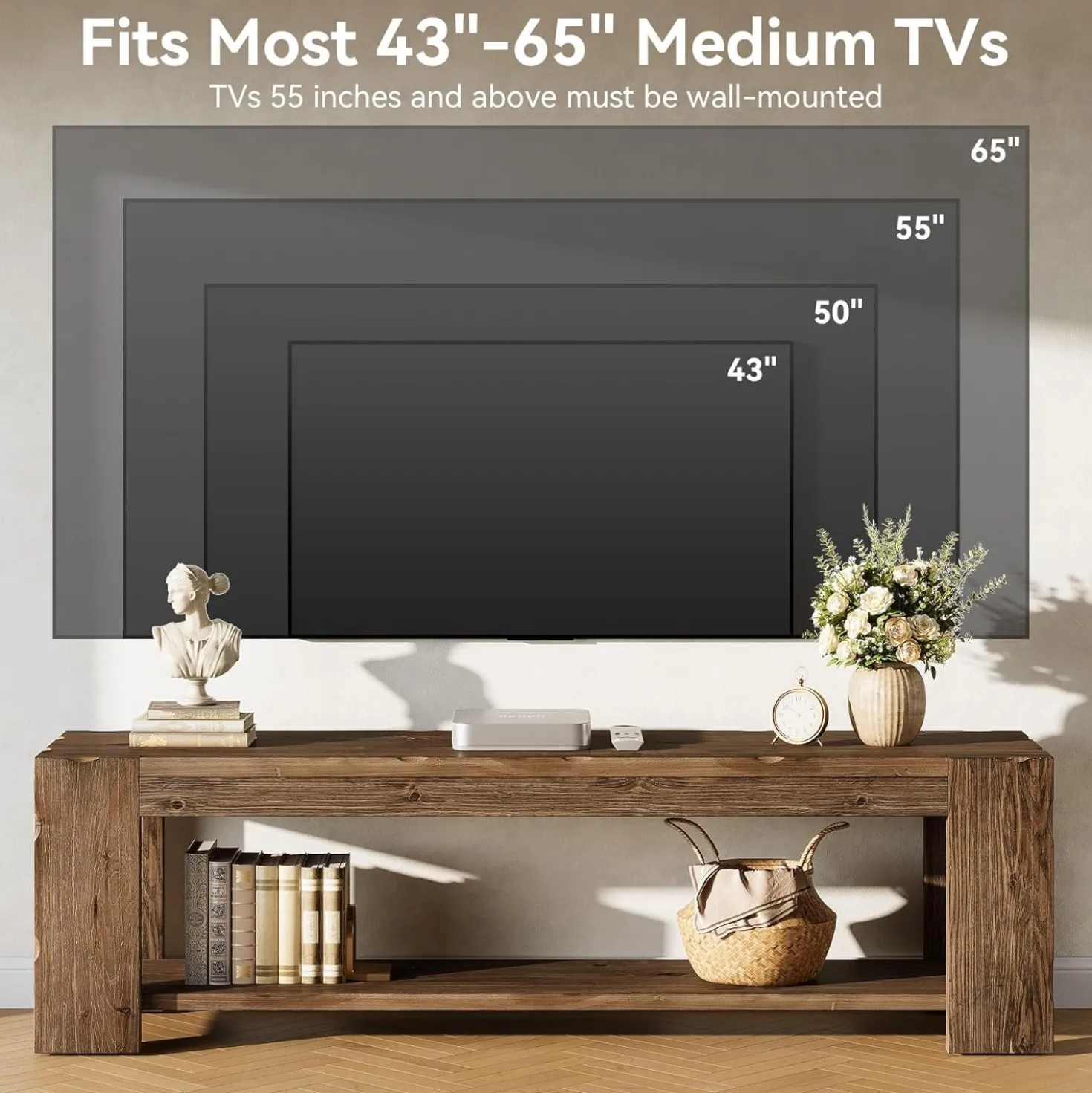 55" Solid Wood TV Stand, 2-Tier TV Console Media Stand for TVs up to 60"