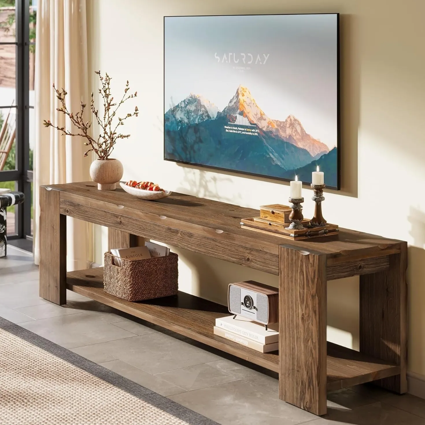 55" Solid Wood TV Stand, 2-Tier TV Console Media Stand for TVs up to 60"