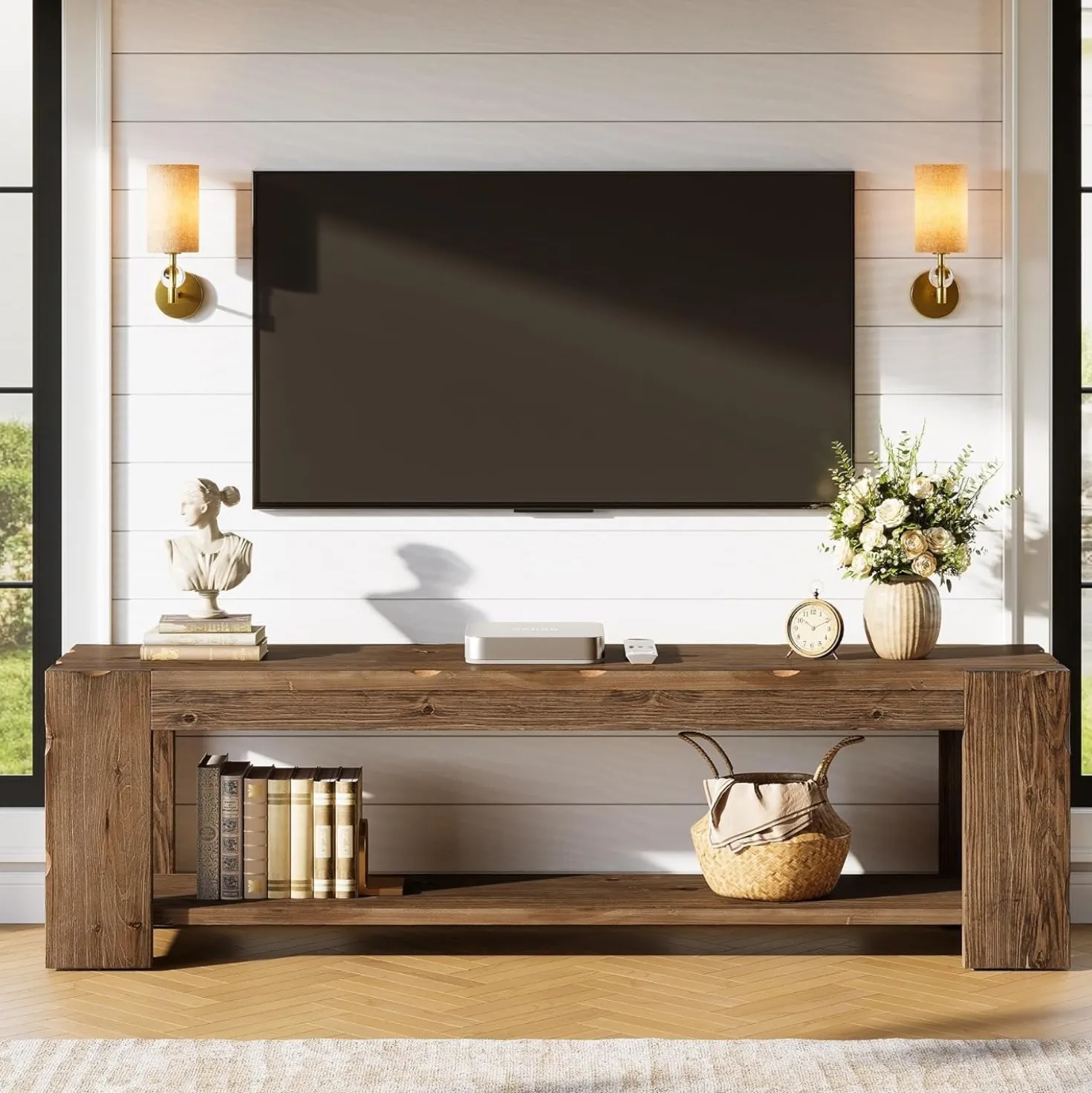 55" Solid Wood TV Stand, 2-Tier TV Console Media Stand for TVs up to 60"