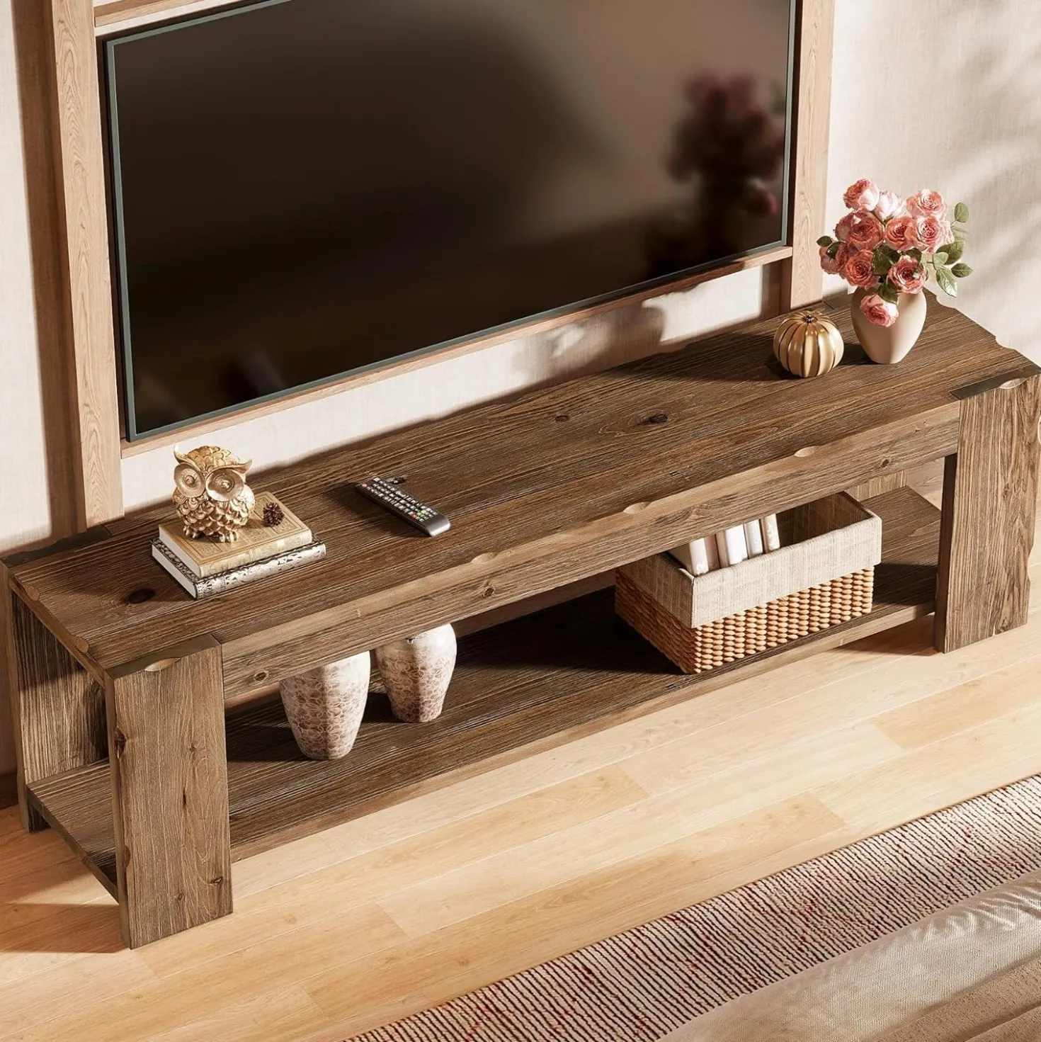 55" Solid Wood TV Stand, 2-Tier TV Console Media Stand for TVs up to 60"