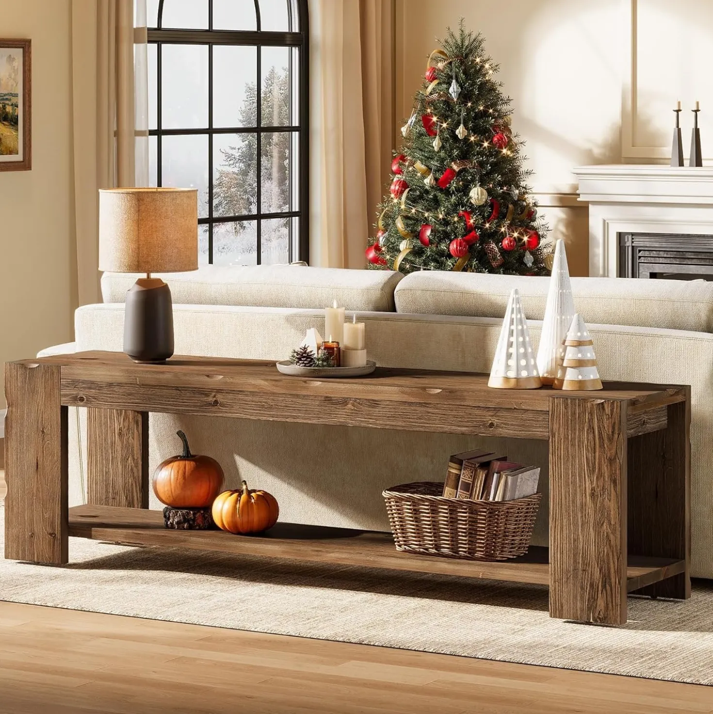 55" Solid Wood TV Stand, 2-Tier TV Console Media Stand for TVs up to 60"