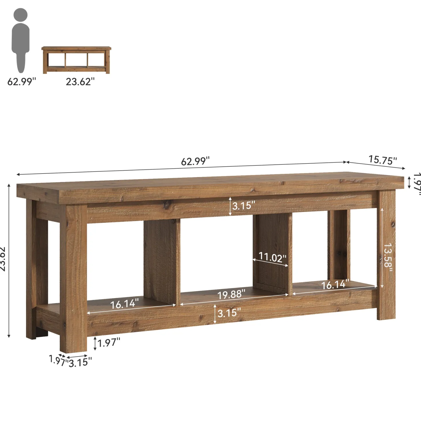 63" Solid Wood TV Stand With 3 Open Shelves for 55/60/65/75-Inch TVs
