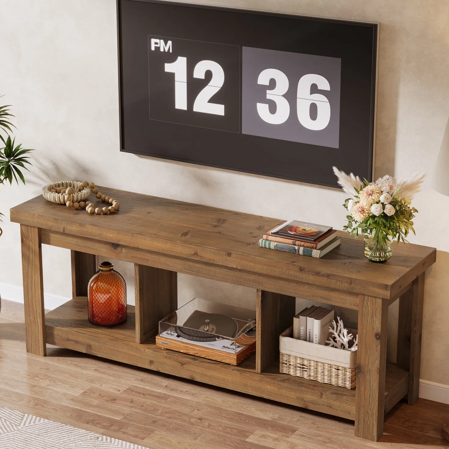 63" Solid Wood TV Stand With 3 Open Shelves for 55/60/65/75-Inch TVs
