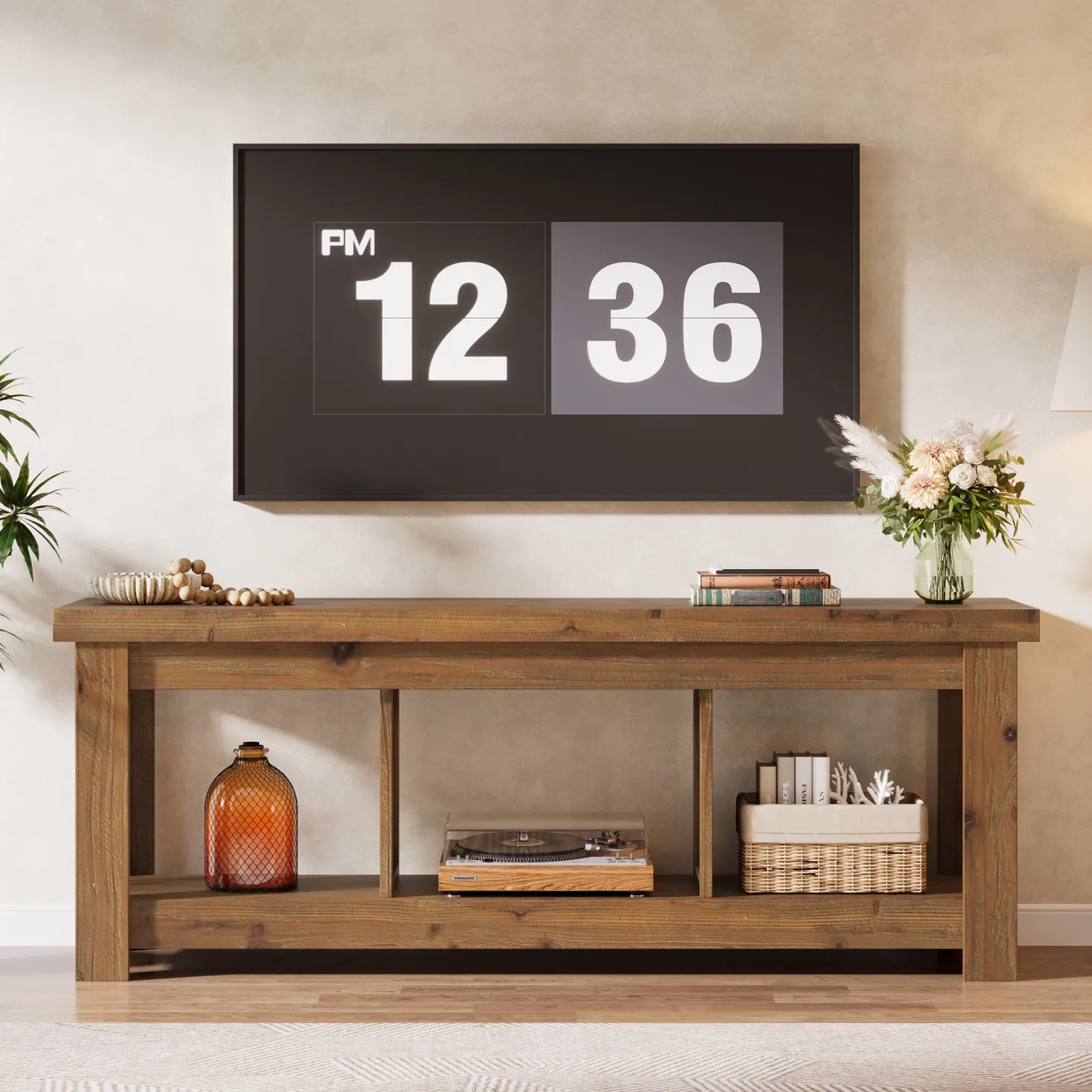 63" Solid Wood TV Stand With 3 Open Shelves for 55/60/65/75-Inch TVs