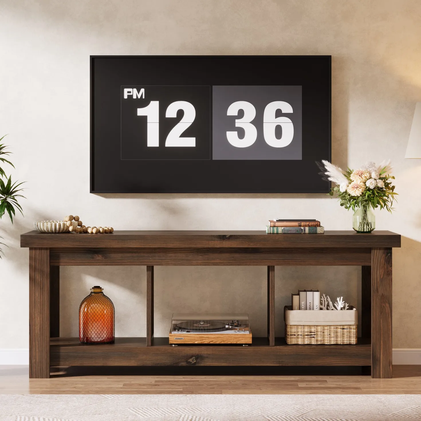 63" Solid Wood TV Stand With 3 Open Shelves for 55/60/65/75-Inch TVs