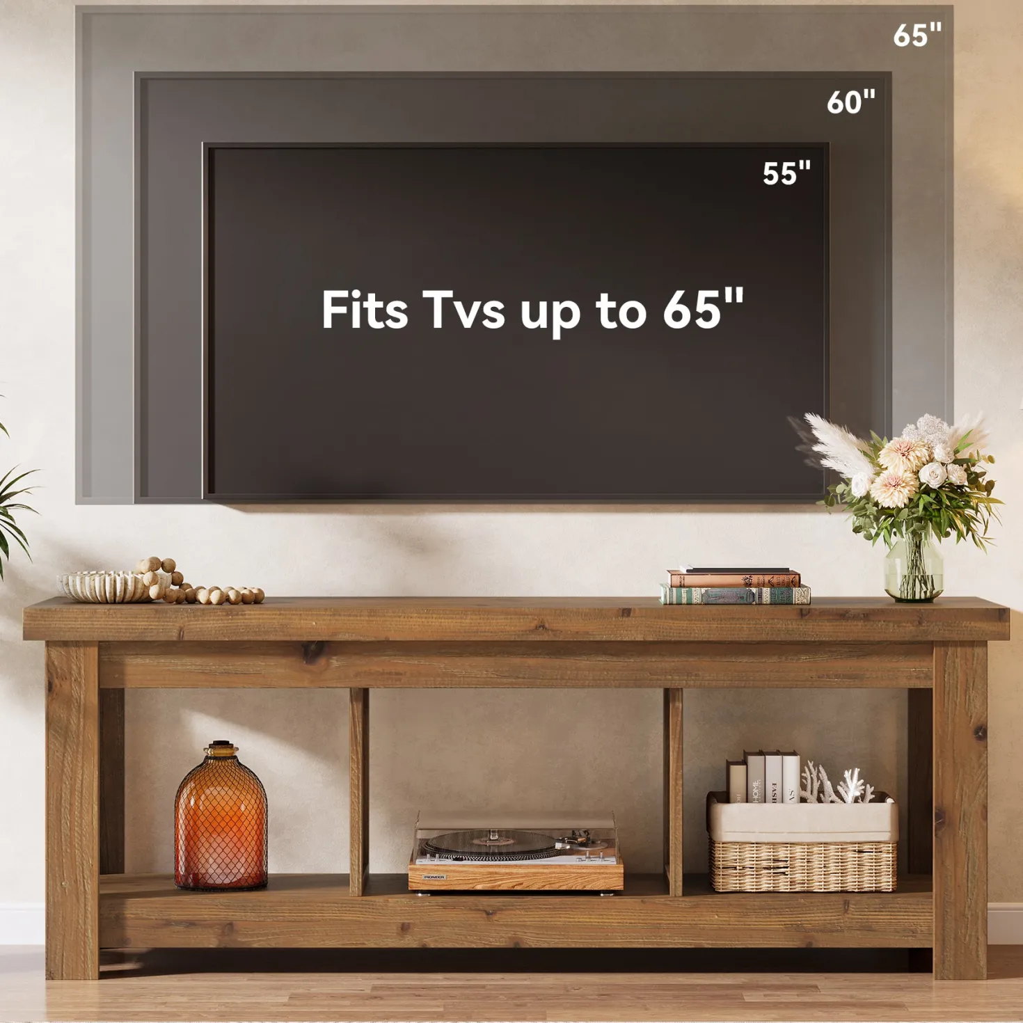 63" Solid Wood TV Stand With 3 Open Shelves for 55/60/65/75-Inch TVs