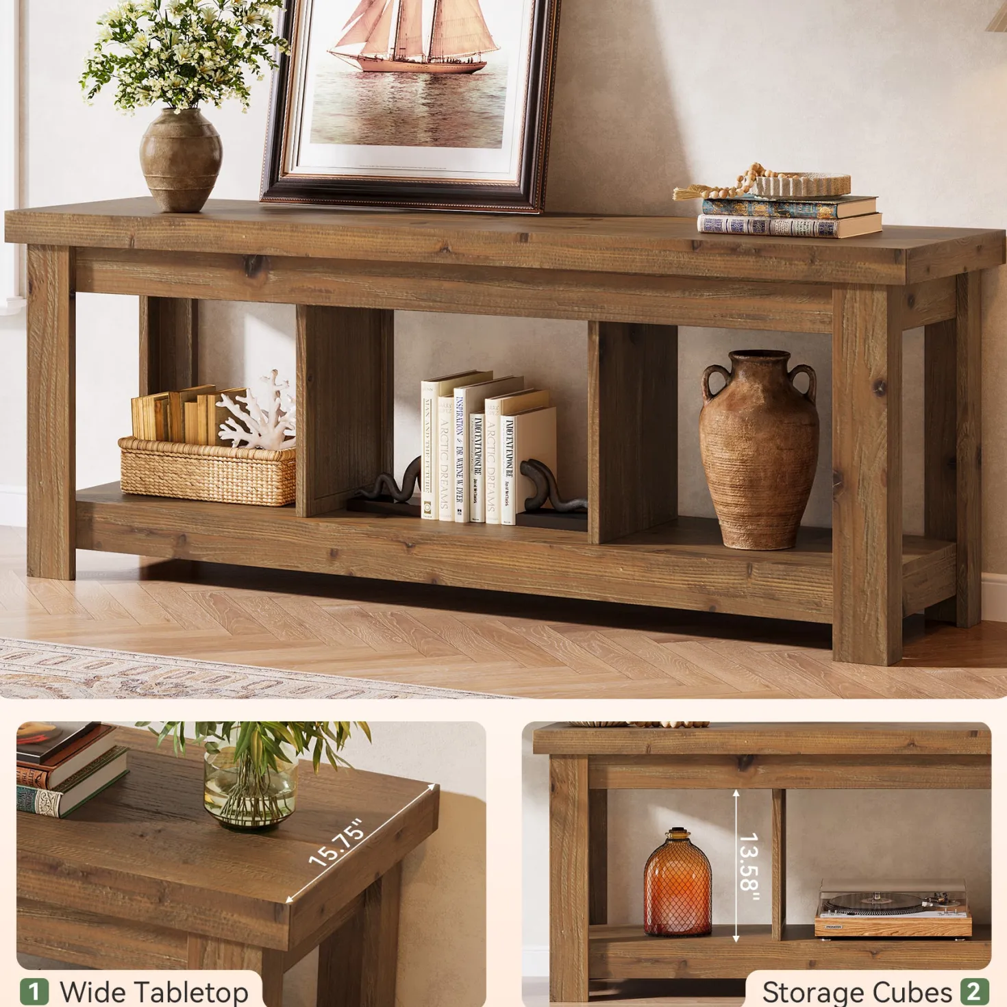 63" Solid Wood TV Stand With 3 Open Shelves for 55/60/65/75-Inch TVs