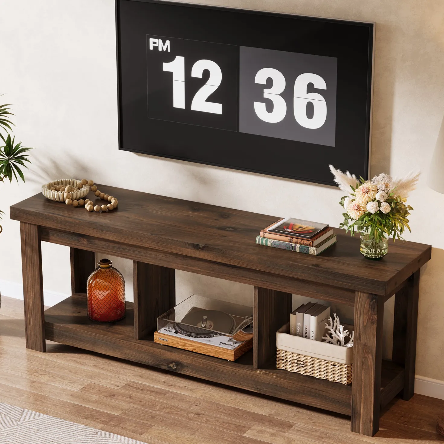 63" Solid Wood TV Stand With 3 Open Shelves for 55/60/65/75-Inch TVs