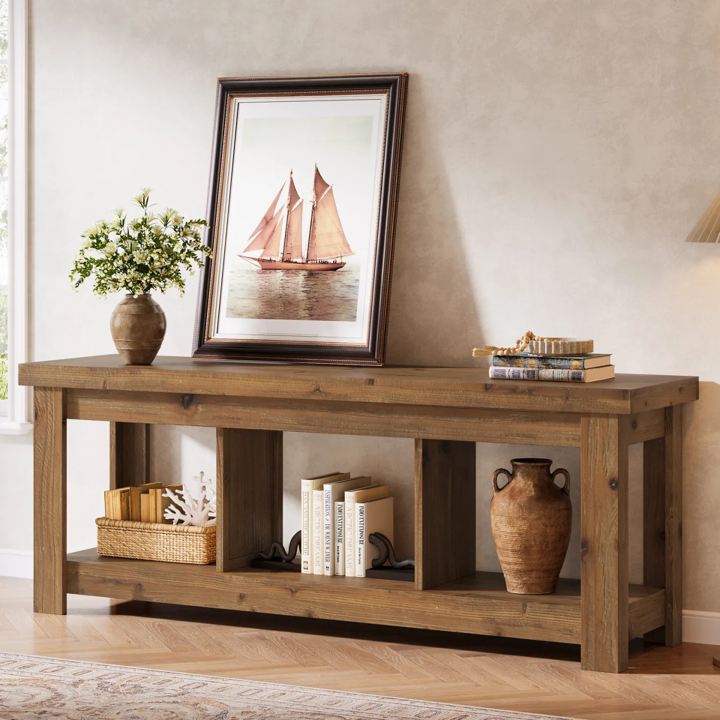 63" Solid Wood TV Stand With 3 Open Shelves for 55/60/65/75-Inch TVs
